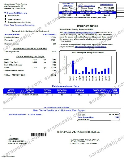 USA Cobb County Water System  utility bill template in Word and PDF formats